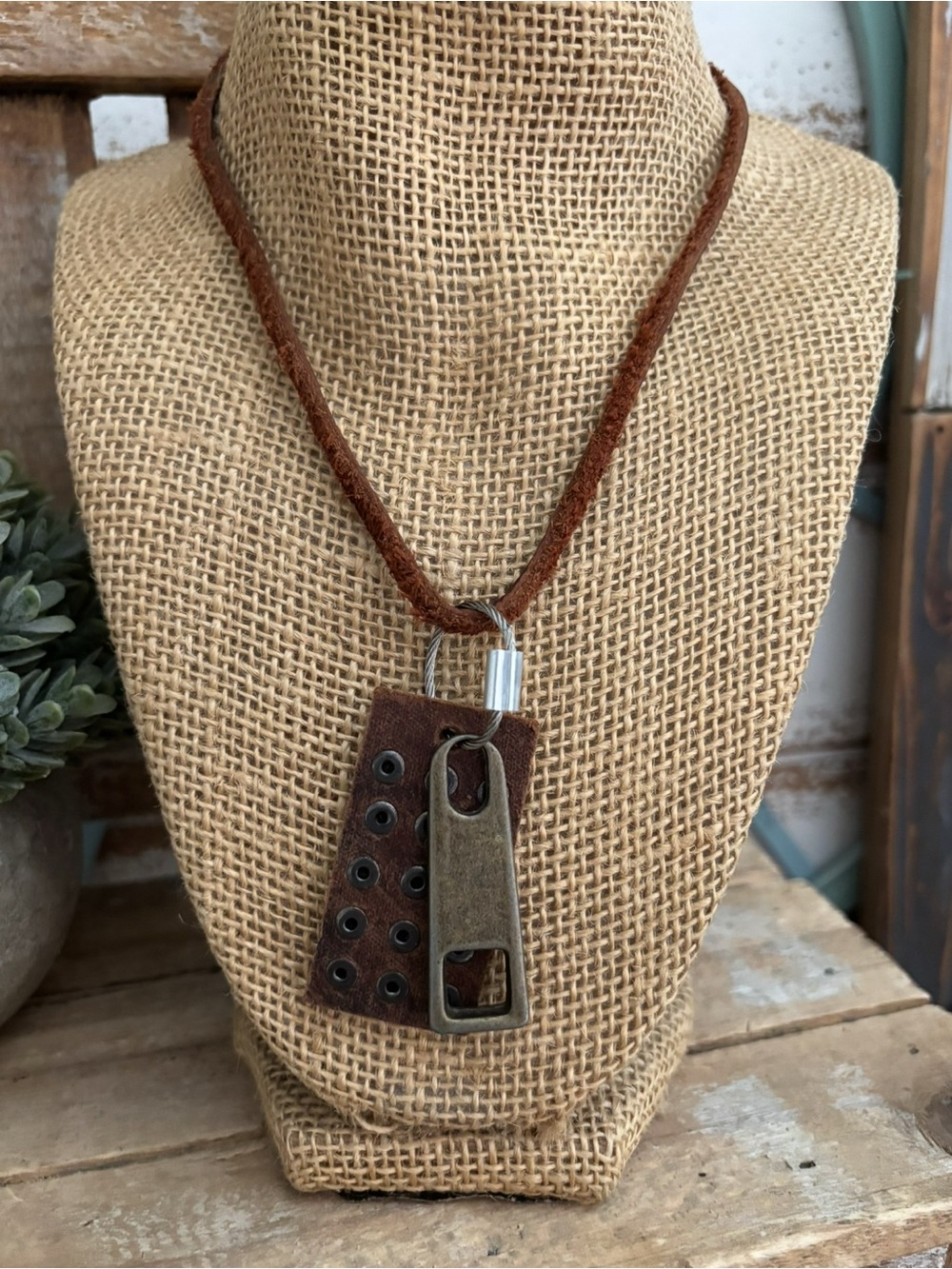 Leather Brass Studs/Zipper Charms Necklace Unisex NEW!